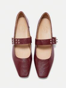 CUCCOO CURVES Women Shoes Women's Square Toe Buckle Design Daily Versatile Fashion Wide Last High Heels - Burgundy - View 2