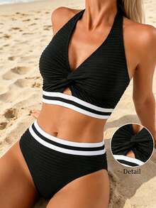 Swim Lushoire Women's Halter Neck Tie Swimsuit Set, Special Fabric Webbing Patchwork Hollow Out, Summer Holiday Beach 2 Pieces Set - Multicolor - View 1