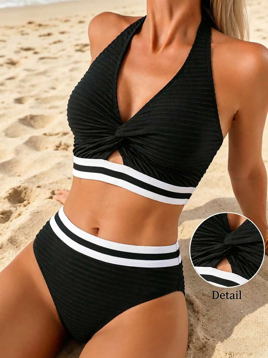Swim Lushoire Women's Halter Neck Tie Swimsuit Set, Special Fabric Webbing Patchwork Hollow Out, Summer Holiday Beach 2 Pieces Set - Multicolor - View 1