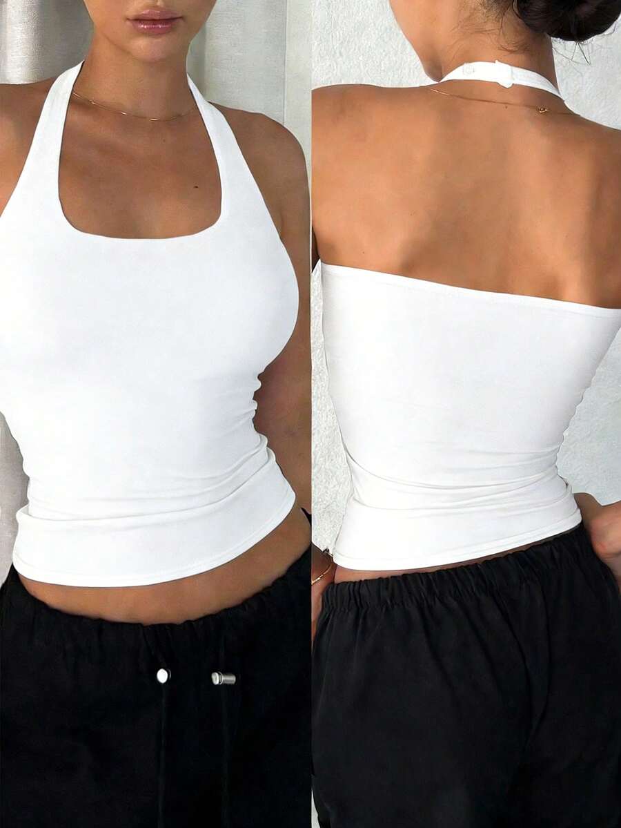 DAZY Women's Backless Casual Camisole Crop Tops Women Halter Top - White - View 1