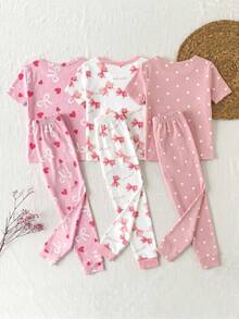 [Randomly Sent 1 Set]Baby Girl Spring/Autumn Bow Heart Polka Dot Short Sleeve Long Pants Pajama Set, Sweet Princess Style, Knitted Fabric, Comfortable Soft Fitted Home Wear 2-Piece Set - Pink - View 2