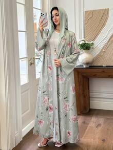 Al Najma 鼠尾草綠花卉印花女款冬季長袍，日常優雅端莊通勤款，適合洗禮賓客正式場合 - 彩色 - 查看 7