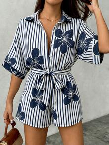 SHEIN LUNE Jumpsuit Liburan Wanita Ukuran Besar Motif Garis dan Bunga - MultiWarna - View 4