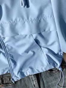 SHEIN EZwear 藍色大尺碼女款休閒長袖拉鍊連帽外套 秋季 - 藍色 - 查看 6