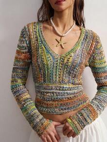 Bohemela Women's V-Neck Long Sleeve Colorblock Fashion Knit Top - Multicolor - View 5