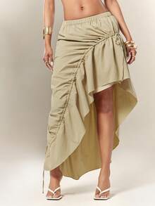 Denimoi Asymmetrical Hem Adjustable Drawstring Skirt Fashionable Streetwear - Khaki - View 2