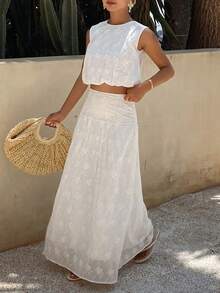 DAZY Women's Vacation Embroidered Round Neck Camisole And Mini Skirt 2 Pieces Set, Spring/Summer - White - View 2