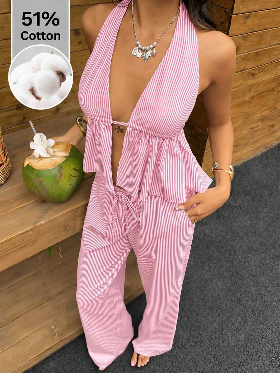 SHEIN EZwear 紅白條紋編織女款休閒套裝 - 紅白色 - 查看 1