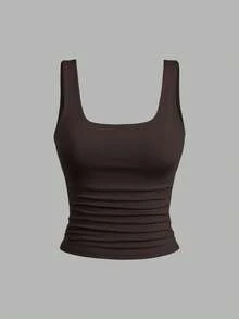 Sweetra Women's Solid Color Square Neck Pleated Fitted Casual Tank Top - Multicolor - View 3