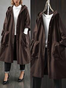 SHEIN LUNE Plus Size Casual Hooded Long Jacket With Large Pockets Fall - Rust Brown - View 3