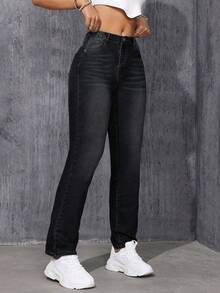 SHEIN ICON Women's Fashion Versatile Pocket Button Casual Denim Jeans - Black - View 5
