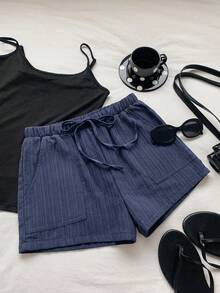 SHEIN EZwear 海軍藍編織女款腰部繫帶休閒短褲 - 藏蓝色 - 查看 3