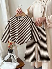 Baby Girl Casual Striped High-Neck Asymmetrical Hem T-Shirt And Flared Pants Set, Autumn/Winter Style - Khaki - View 1