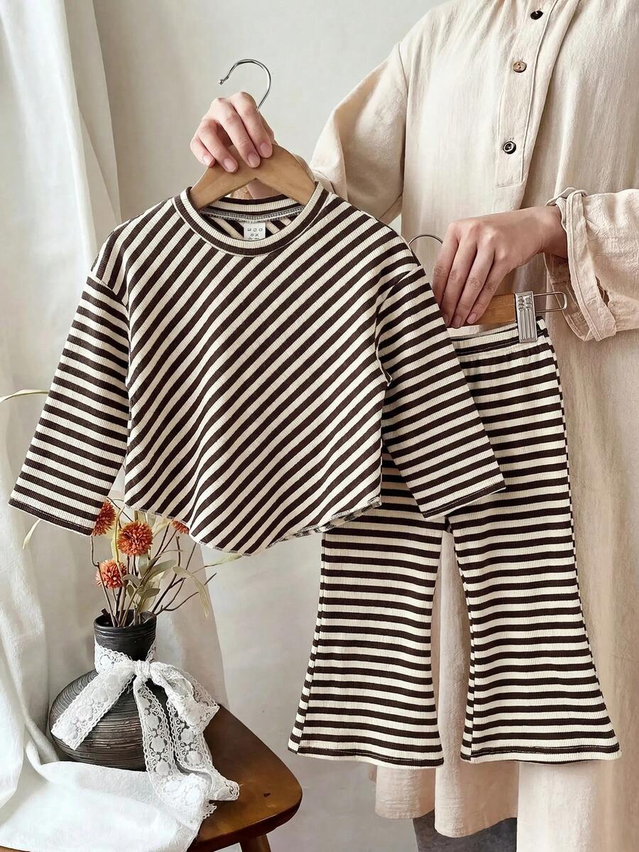 Baby Girl Casual Striped High-Neck Asymmetrical Hem T-Shirt And Flared Pants Set, Autumn/Winter Style - Khaki - View 1