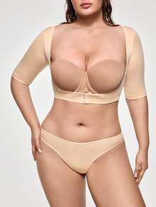 SHAPORA Bustier de manga corta con botones frontales y unicolor elástico para dar forma, talla grande - Beis - Ver 2