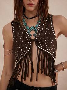 Easelle Bohemian Music Festival Sequin Rivet Fringe Vest Women's Vest - Coffee Brown - View 5