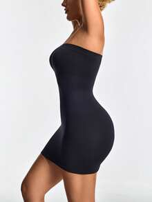 SHAPORA Vestido miniajustado sin costuras de un solo color para mujeres - Negro - Ver 3