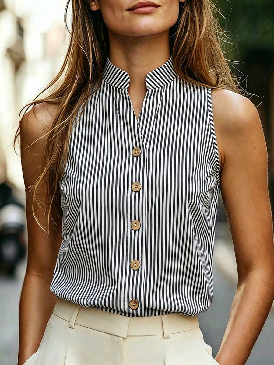 SHEIN 女款夏季黑白條紋V領無袖寬鬆休閒法式優雅上衣，適合嘉年華、勞動節、學院風、校園、旅行、早午餐、辦公室穿搭