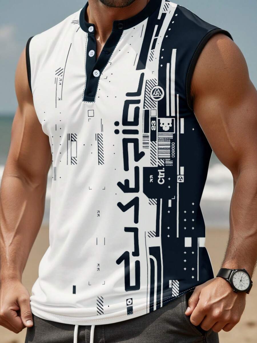 Manfinity Roughcore 男士無袖 1/4 鈕扣全身印花時尚百搭背心 - 彩色 - 查看 1