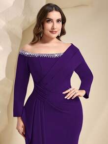 Coutiva Plus Size Elegant Crystal Embellished Off Shoulder Formal Evening Gown - Purple - View 6