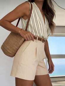 EMERY ROSE Summer Casual Striped Sleeveless Top + Shorts Set - Apricot - View 3