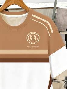 Manfinity Joysei Men's Minimalist Versatile Striped Color Block Short Sleeve Crew Neck T-Shirt - Khaki - View 4