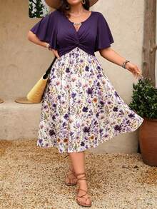 Breezaya Plus Size Women's Spring/Summer Knit Romantic Floral Print Chain Patchwork Ruffle Twist Waist Elegant Modest A-Line V-Neck Midi Dress - Purple - View 4