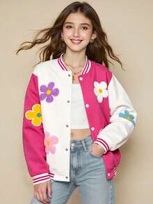 SHEIN Tween Girls Casual Fashion Spring/Autumn Colorful 3D Flower Colorblock Baseball Jacket - Multicolor - View 4