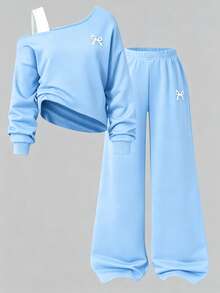 SHEIN 青少年女孩秋冬套裝，不對稱肩領設計配肩帶拼接運動衫套裝 - 藍色 - 查看 8