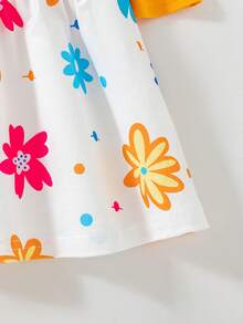 SHEIN Playful Pals 2025新款夏季女嬰無袖細肩帶洋裝套裝，滿版碎花印花與素色洋裝，田園風，多巴胺配色，時尚可愛，3件/套 - 彩色 - 查看 5