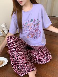 DAZY Women's Letter Print Short Sleeve Top And Leopard Print Long Pants Pajama Set Summer - Purple - View 7