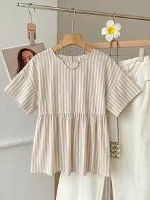 SHEIN EZwear 女款休閒寬鬆短袖條紋襯衫，適合日常通勤、約會、派對、秋冬春夏、聖誕節、新年、感恩節、婚禮、海灘、畢業典禮，時尚優雅休閒，適合外出約會與通勤 - 彩色 - 查看 6