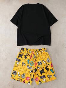 LOONEY TUNES X SHEIN 男士卡通印花圓領短袖上衣與口袋抽繩腰短褲家居服套裝 - 黑色 - 查看 2