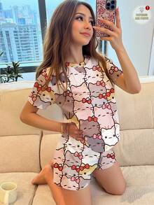 青少年女孩休閒簡約圓領短袖短褲家居服，適合夏季 - 彩色 - 查看 1