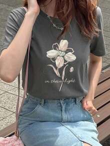 DAZY Women Loose Casual Printed T-Shirt, Beach Vacation Style, Summer Cute Tops Floral - Grey - View 8
