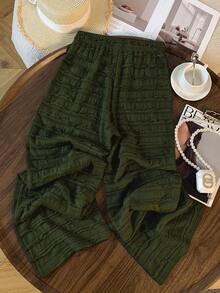 SHEIN Clasi 女款 2025 夏季法式復古荷葉邊飾修身直筒長款休閒長褲 - 軍綠色 - 查看 2