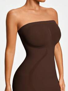 SHEIN Vestido miniajustado sin costuras y sin tirantes de unicolor para mujer - Marrón Chocolate - Ver 4