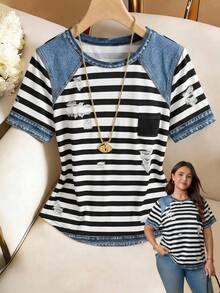 SHEIN LUNE Femmes grande taille T-shirt ample à manches courtes avec imprimé rayé en patchwork faux denim, pour l'été, les vacances et les déplacements quotidiens - Multicolore - Voir 1