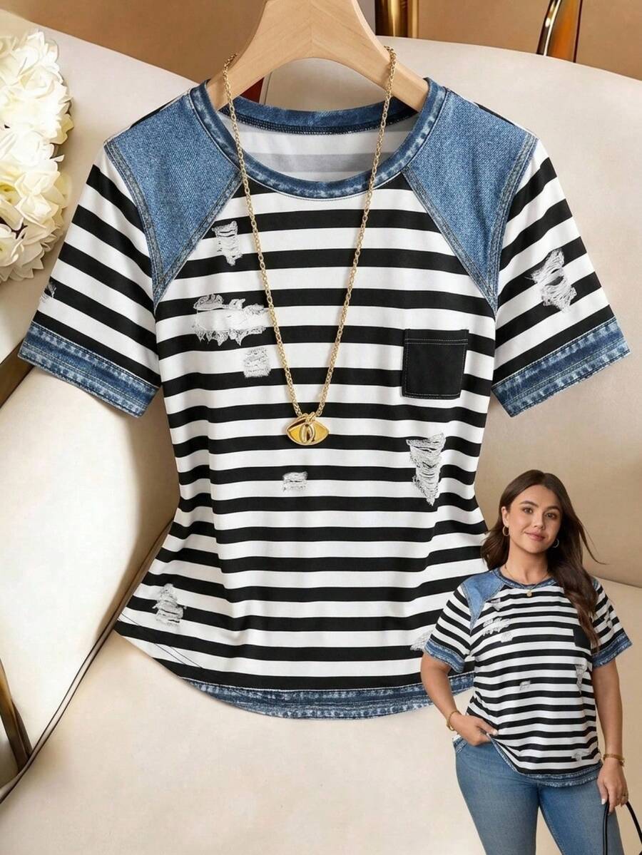 SHEIN LUNE Femmes grande taille T-shirt ample à manches courtes avec imprimé rayé en patchwork faux denim, pour l'été, les vacances et les déplacements quotidiens - Multicolore - Voir 1
