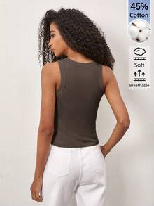 SHEIN BASICS 女款素色圓領螺紋休閒百搭背心上衣 - 灰色 - 查看 2