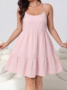 Solflare Pink Plus Size Women's Ruffle Hem Spaghetti Strap Spring/Summer Dress Beach Vacation Formal Casual - Baby Pink - View 2