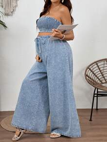 SHEIN Maternity Casual Fashion Vacation Style Ruched Cropped Denim Tube Top And Drawstring Waist Wide Leg Denim Pants 2pcs Set Summer Festival Graduation - Blue - View 5