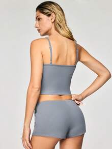 SHAPORA Women's Tight Cropped Camisole And Shorts Pajama Set - Grey - View 2