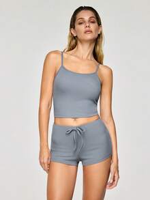 SHAPORA Women's Tight Cropped Camisole And Shorts Pajama Set - Grey - View 4