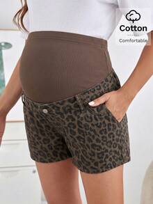 SHEIN Maternity Leopard Print Patchwork Denim Shorts Summer Festival Graduation Going Out Elegant Casual Formal Leopard - Brown - View 6