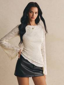 Poéselle Women's Floral Print Slim Fit Versatile Daily Wear Bell Sleeve T-Shirt - White - View 4