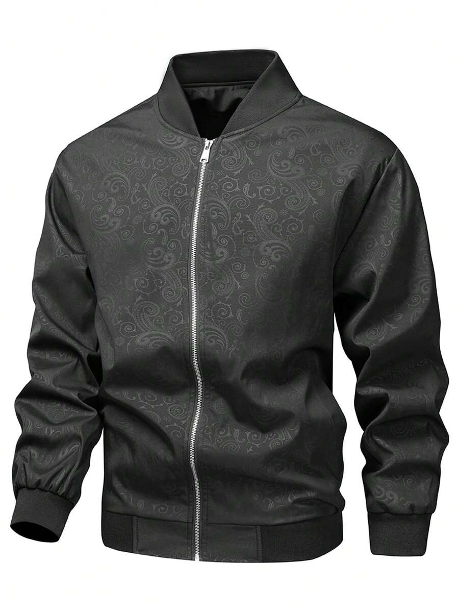 Manfinity Homme Plus Size Men's Printed Long Sleeve Zip-Up Casual Baseball Jacket - Black - View 1