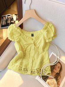 SHEIN PariChic Women's Sweet & Elegant Ruffled Tie-Up Contrast Lace Off Shoulder Cropped Blouse, Versatile Wear For Spring/Summer - Yellow - View 5