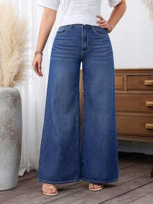 EMERY ROSE Cowgirl Plus Size Women's Spring Blue Non-Stretch Loose Wide Leg Jeans , Spring For Women - Medium Wash - View 6