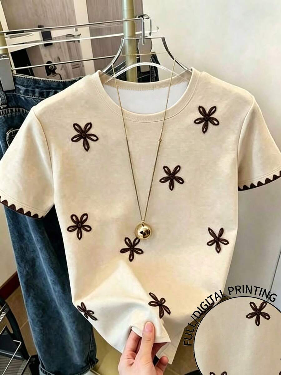 SHEIN 青少年女孩數位花卉印花短版短袖T恤,春夏休閒舒適時尚風格,適合外出、戶外運動、戶外野餐、街拍、居家、校園、度假、禮物、日常穿著,簡約風格,四季皆宜 - 彩色 - 查看 1